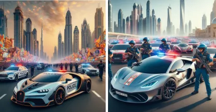 Vibrant Dubai Police Carnival scene with excited onlookers admiring sleek police supercars under dazzling lights.