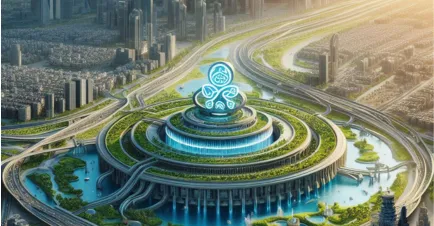 DEWA Headquarters building overlooking a futuristic cityscape symbolizing the organization's commitment to smart and sustainable water management.